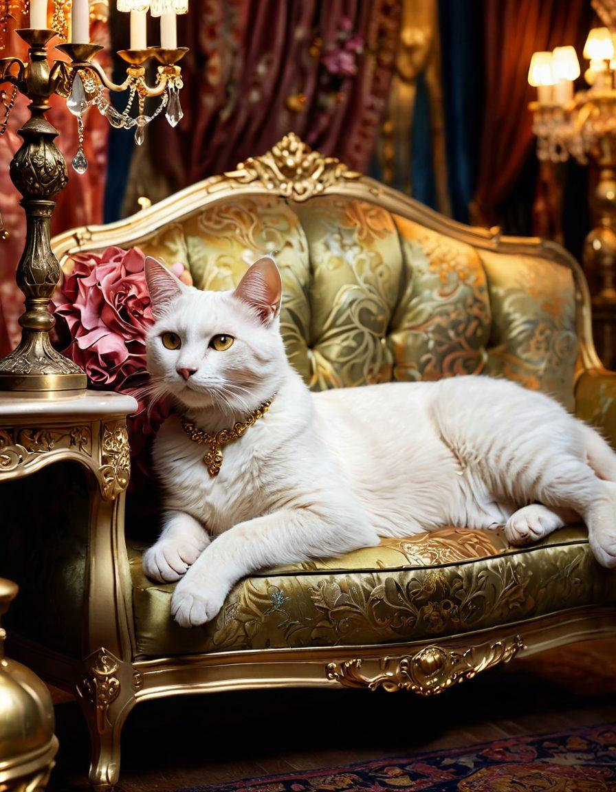 A whimsical and enchanting scene showcasing a sophisticated feline lounging in a luxurious setting, surrounded by opulent fabrics and ethereal lighting. The cat is adorned with elegant jewelry, exuding an air of allure and mystique. Soft shadows and gentle highlights create a dreamlike ambiance, suggesting a world of fantasy and desire. Illustrate this with vibrant colors and intricate details to evoke a sense of romance. surrealism. vibrant colors. soft lighting.