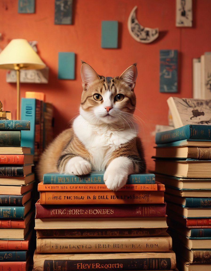 A surreal blend of a playful cat lounging atop books about the adult industry, surrounded by whimsical censorship symbols like pixelated bars and blurred text. Soft lighting creates a warm atmosphere, while a backdrop of abstract art represents sensuality and freedom. The juxtaposition of innocence and mature themes evokes curiosity and reflection. vibrant colors. surrealism. 3D.